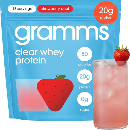 GRAMMS Clear Protein Powder 20G Protein forWomen & Men | Grass-Fed Whey Isolate, ZeroSugar, Zero Lactose, Non-Bloating (Strawberry Acai)